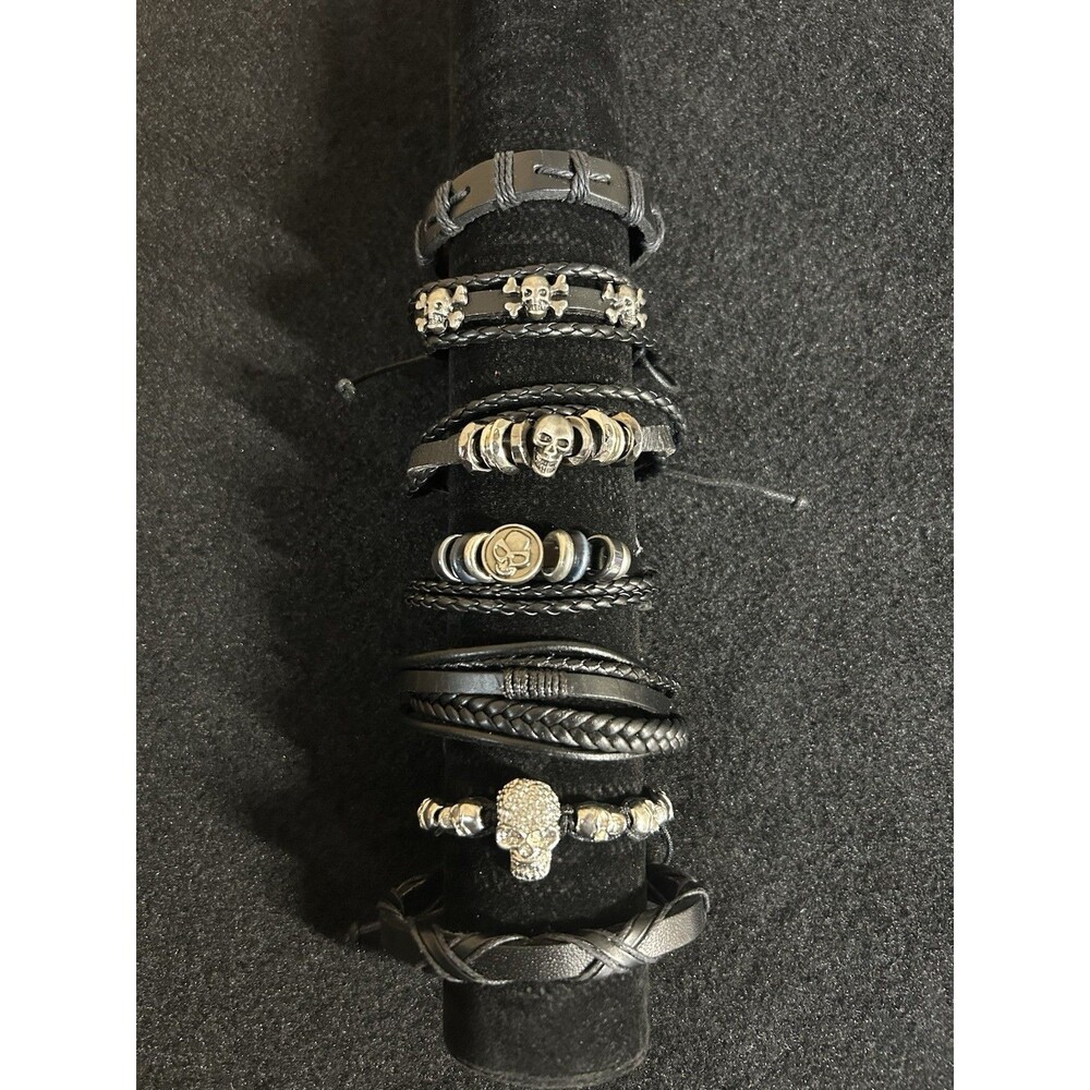 Lot Of 7 Black Leather Wrap Bracelets Skull Theme Unisex J267